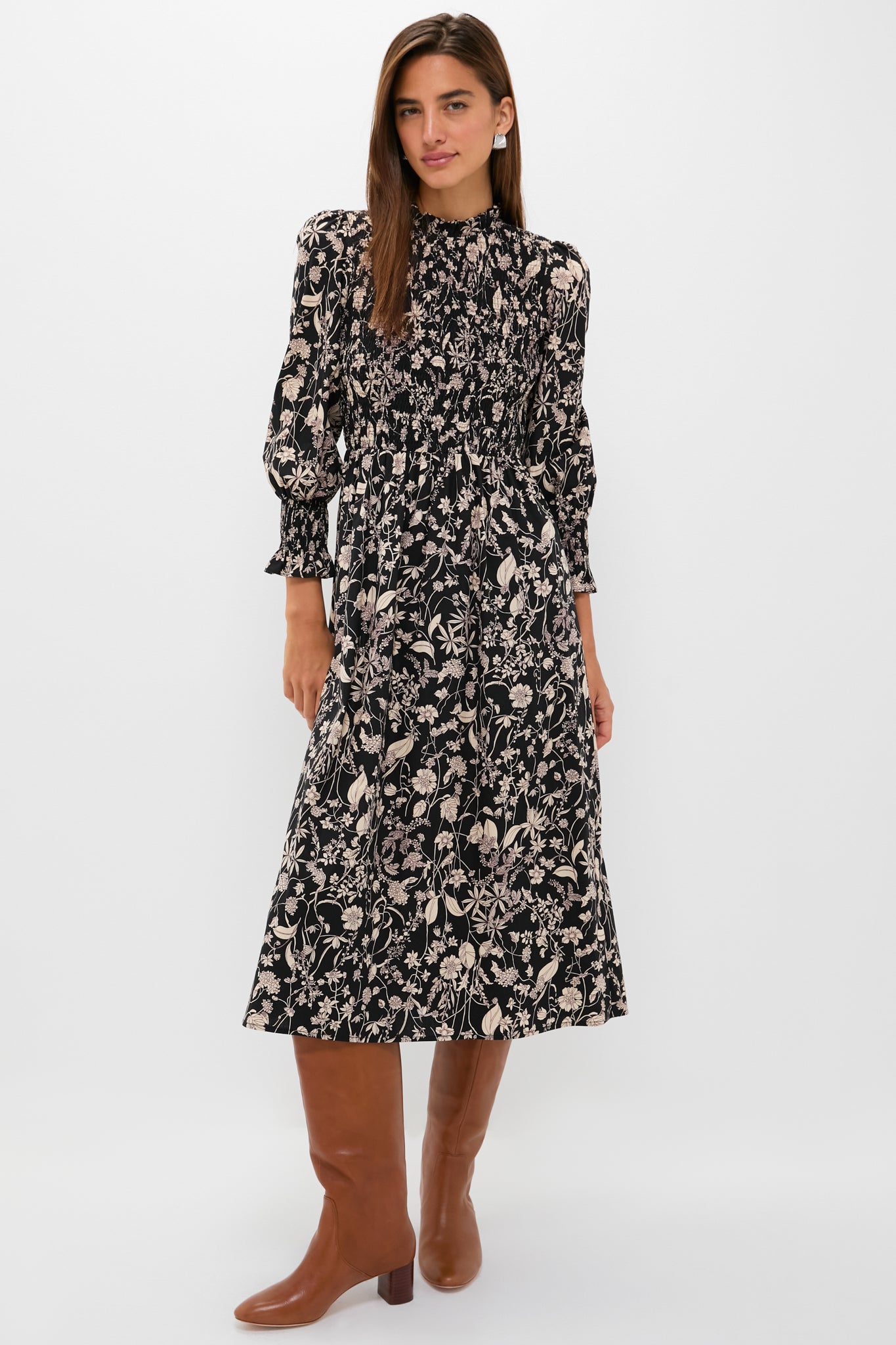 Black & Tan Floral Smocked Susanne Midi Dress