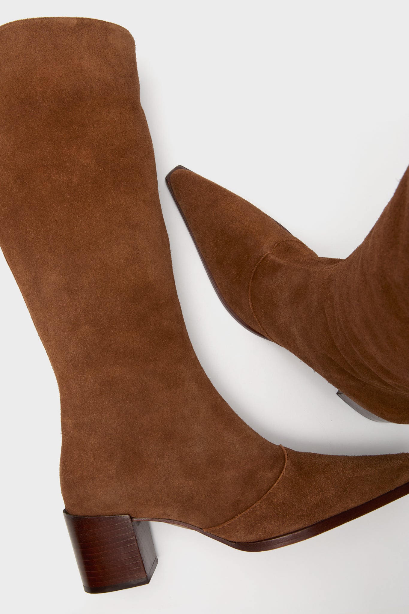 Pecan Brown Raffaela Up Mid Boots in rich suede, featuring a classic pointed toe and block heel for an effortless, high-end style with side zip closure.