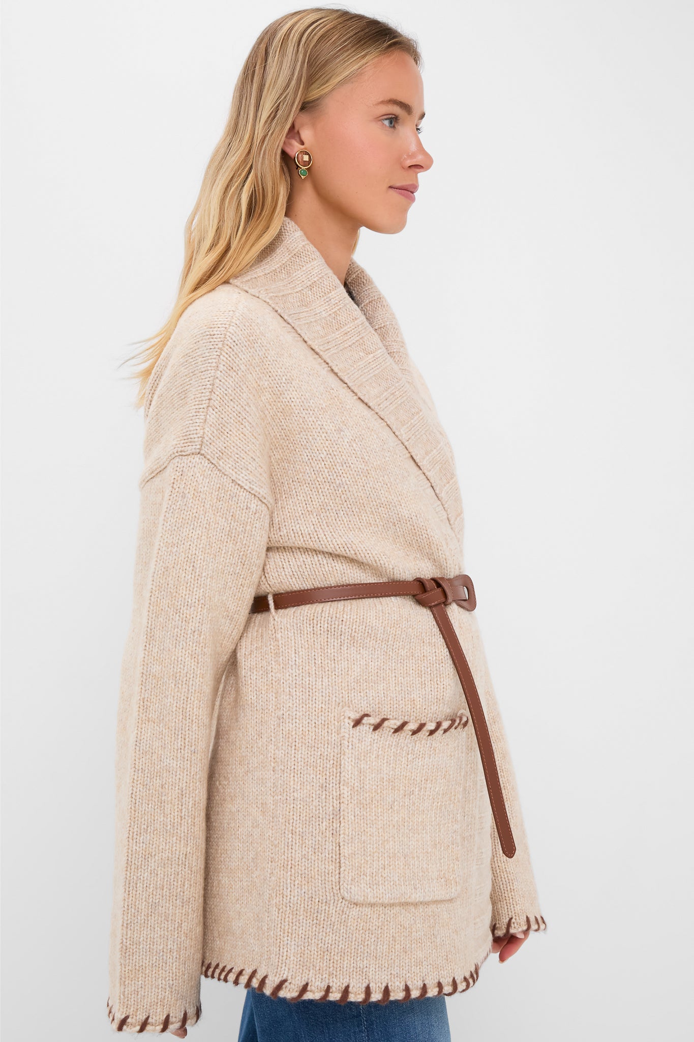 Sandstone Heather and Brown Blanket Stitch Harrow Cardigan