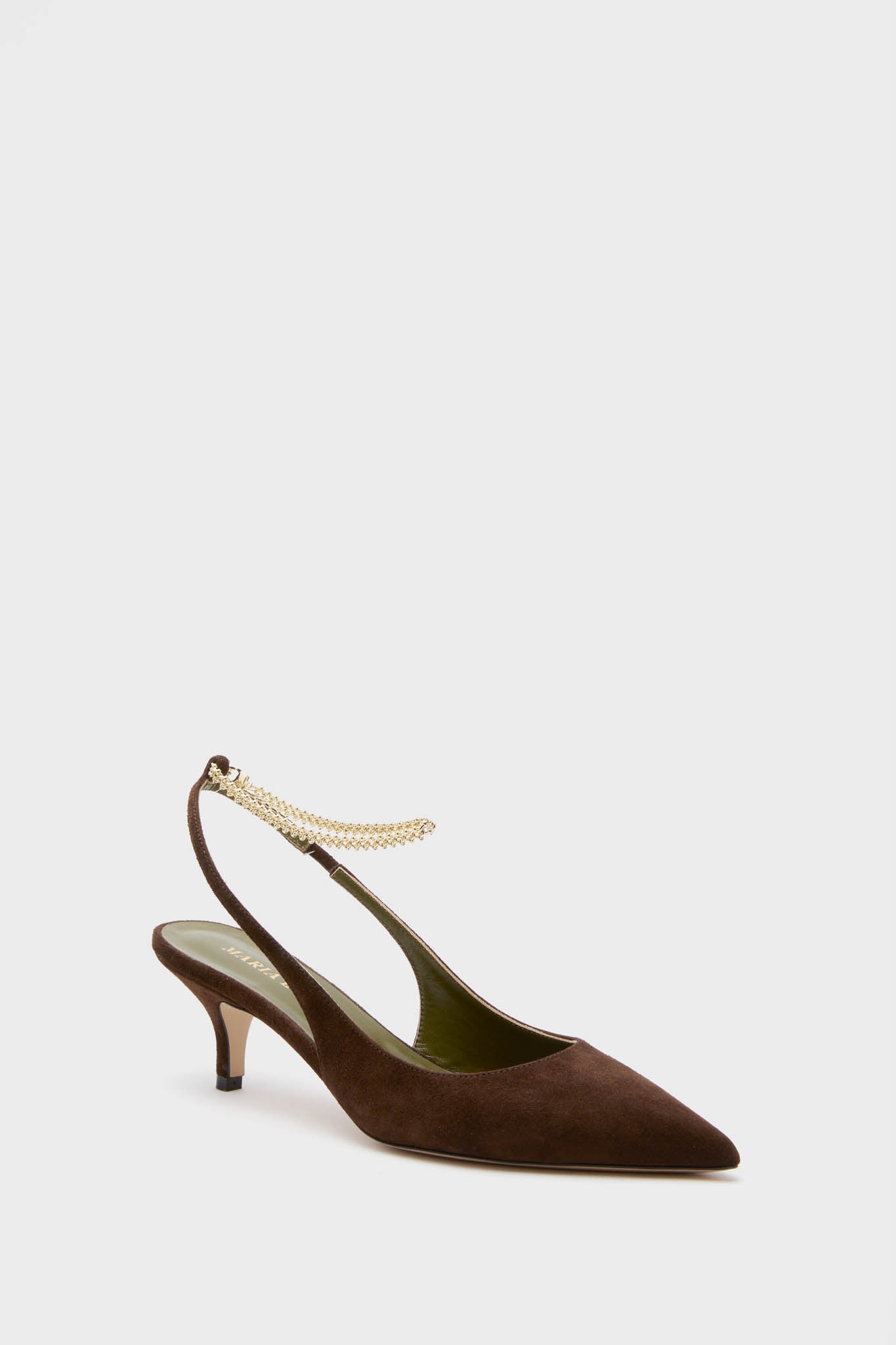 The Maria Luca Felicia Chained Slingback is a brown suede pointed-toe heel featuring a low heel and a gold chain strap, elegantly crafted in Italy.