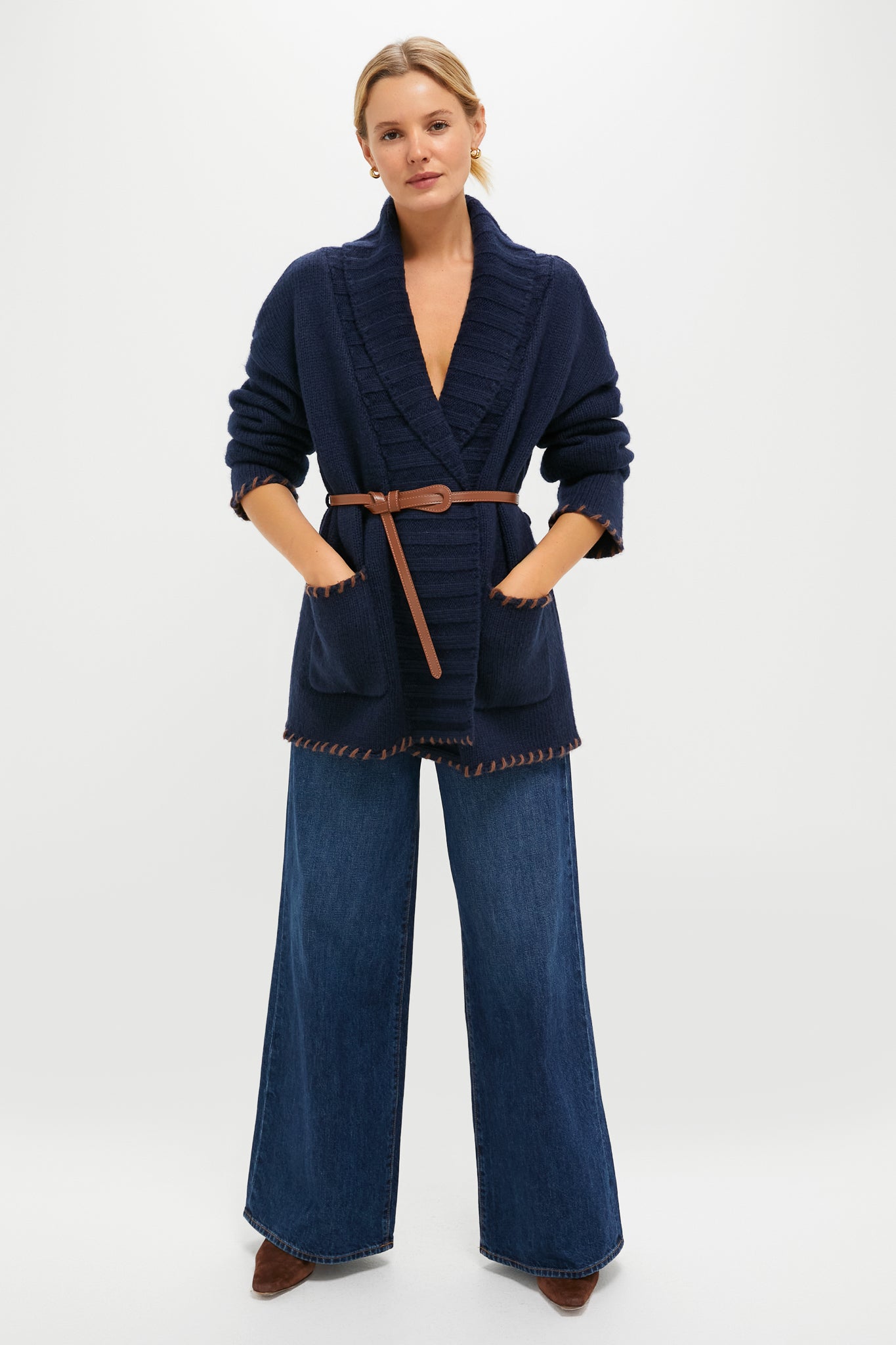 Navy and Brown Blanket Stitch Harrow Cardigan