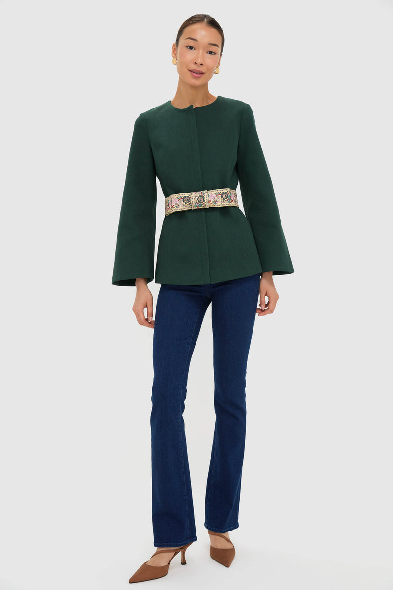 Model wears the classic Garden Scrollwork Jacquard Belted Rhoda Tunic Top, featuring a high-end, effortless style with a tapestry belt and flared sleeves for a fun, polished look.