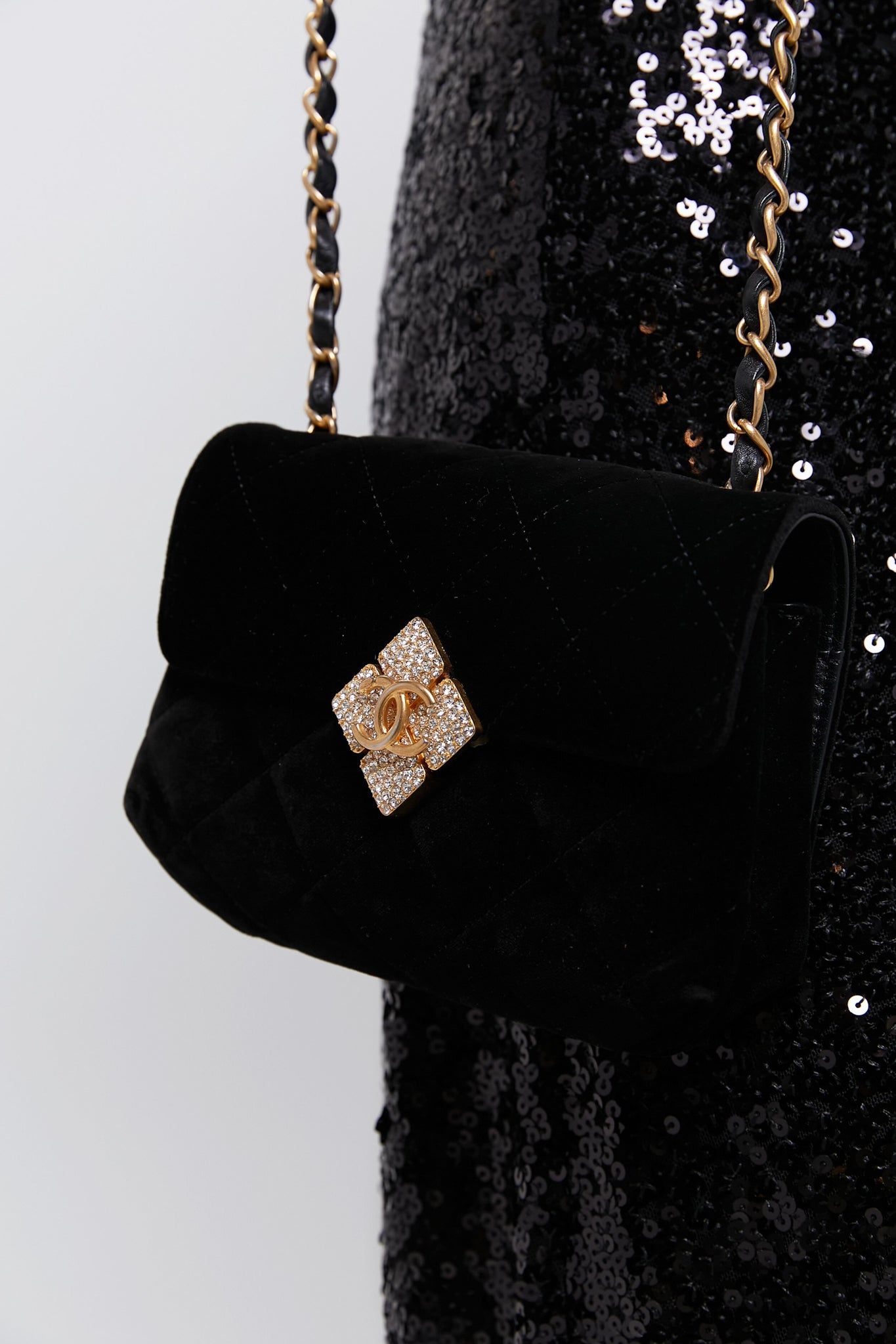 CHANEL Black Quilted Velvet With Crystals Mini Diamond Lock CC Flap Bag