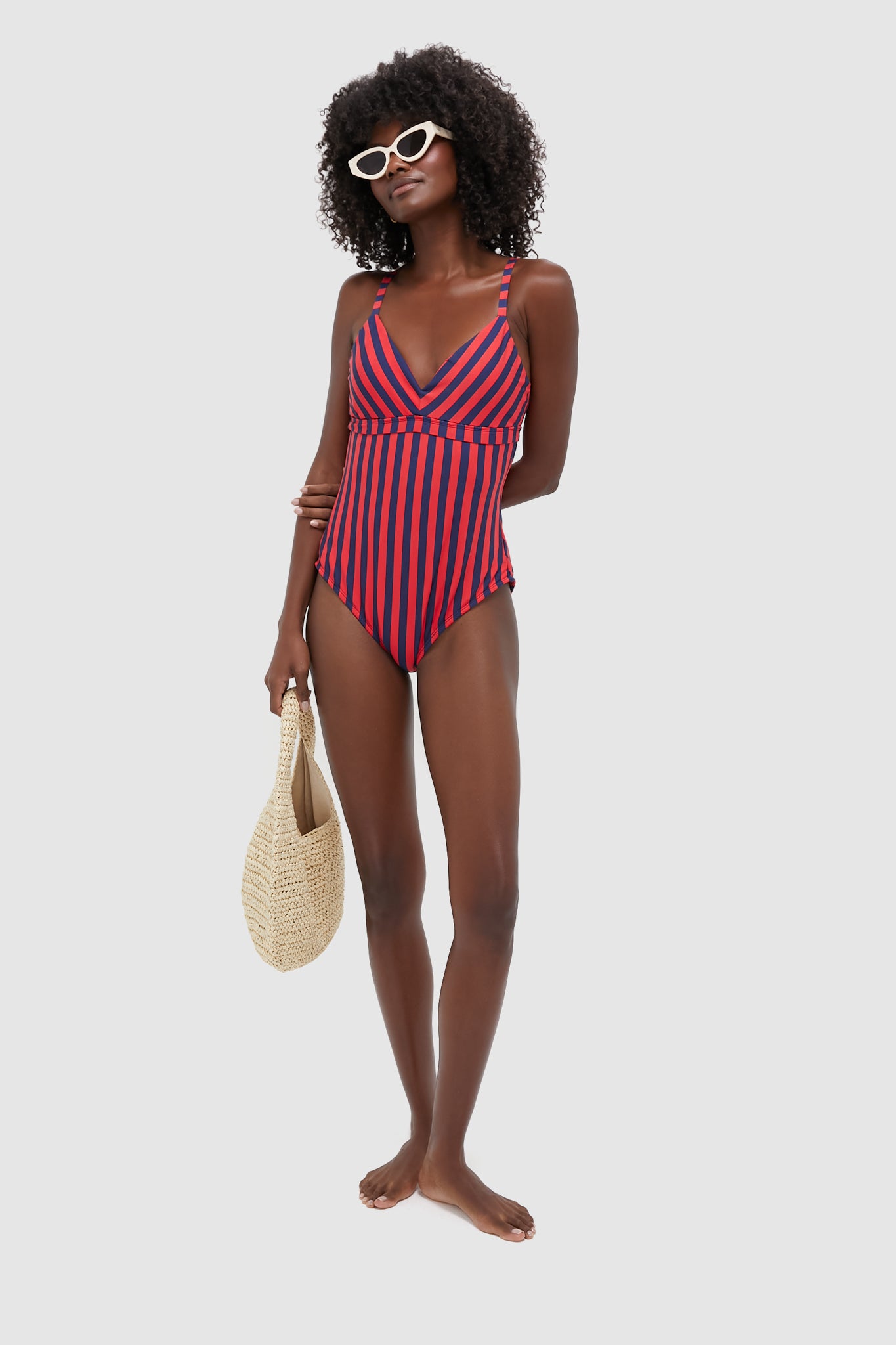 Hot Pepper and Navy Striped Dreamsculpt Push-Up Plunge One Piece