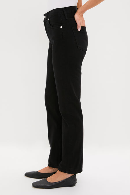 Solid Black Blaine Jean showcases a classic, high-rise, straight-leg cut, offering an effortless and high-end look with a timeless, fun appeal.