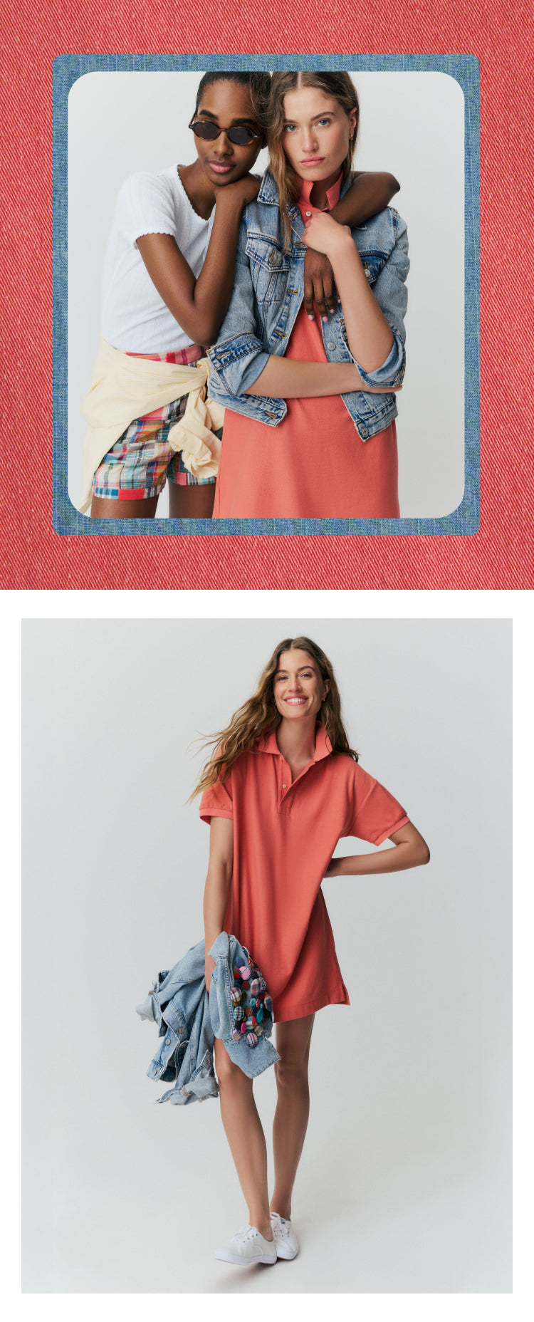 Top: Two women standing in front of a white backdrop. Woman to the left in a white wee and madras shorts with a yellow shirt tied around her waist. Woman to the right in a red polo dress and jean jacket. Bottom: Woman in a red short-sleeved polo dress holding a jean jacket covered in buttons. 