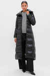 Black Nylon Ultralight Quilted Maxi Coat with Elastic Belt