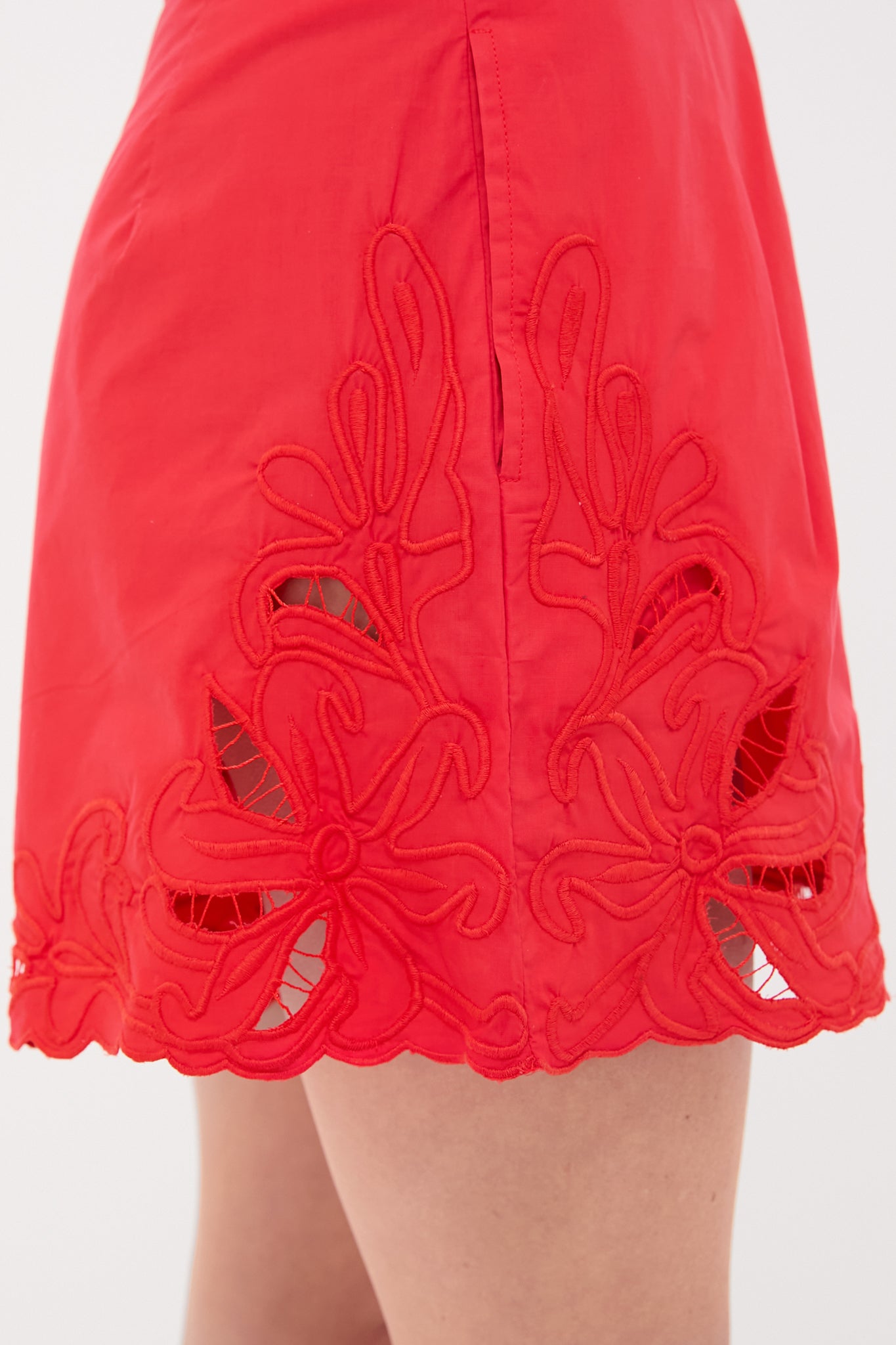Red Poplin Wide Hem Shorts with Cut-Out Embroidery
