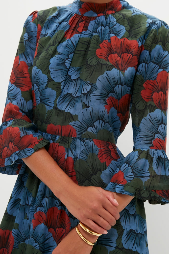 Madrid Blue High Neck Bell Sleeve Maxi Dress