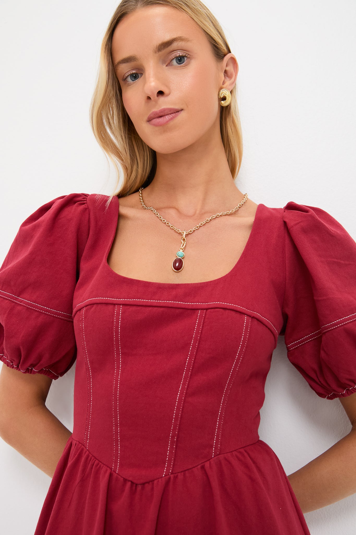 strapless open back dress Oxblood Puff Sleeve Midi Dress