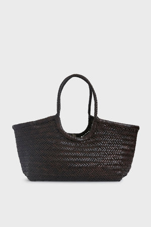 The Dragon Diffusion tote features a dark brown handwoven design with two handles and a bold herringbone pattern, making it perfect for stylish everyday use.