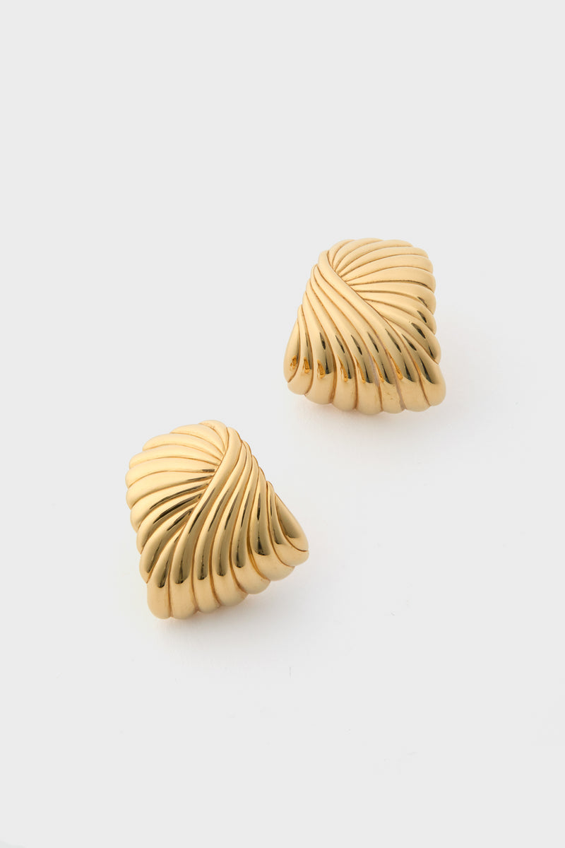A pair of square gold stud earrings by Missoma, featuring a twisted, ribbed design and crafted from recycled gold demi-fine jewelry. Shown on a plain white background.