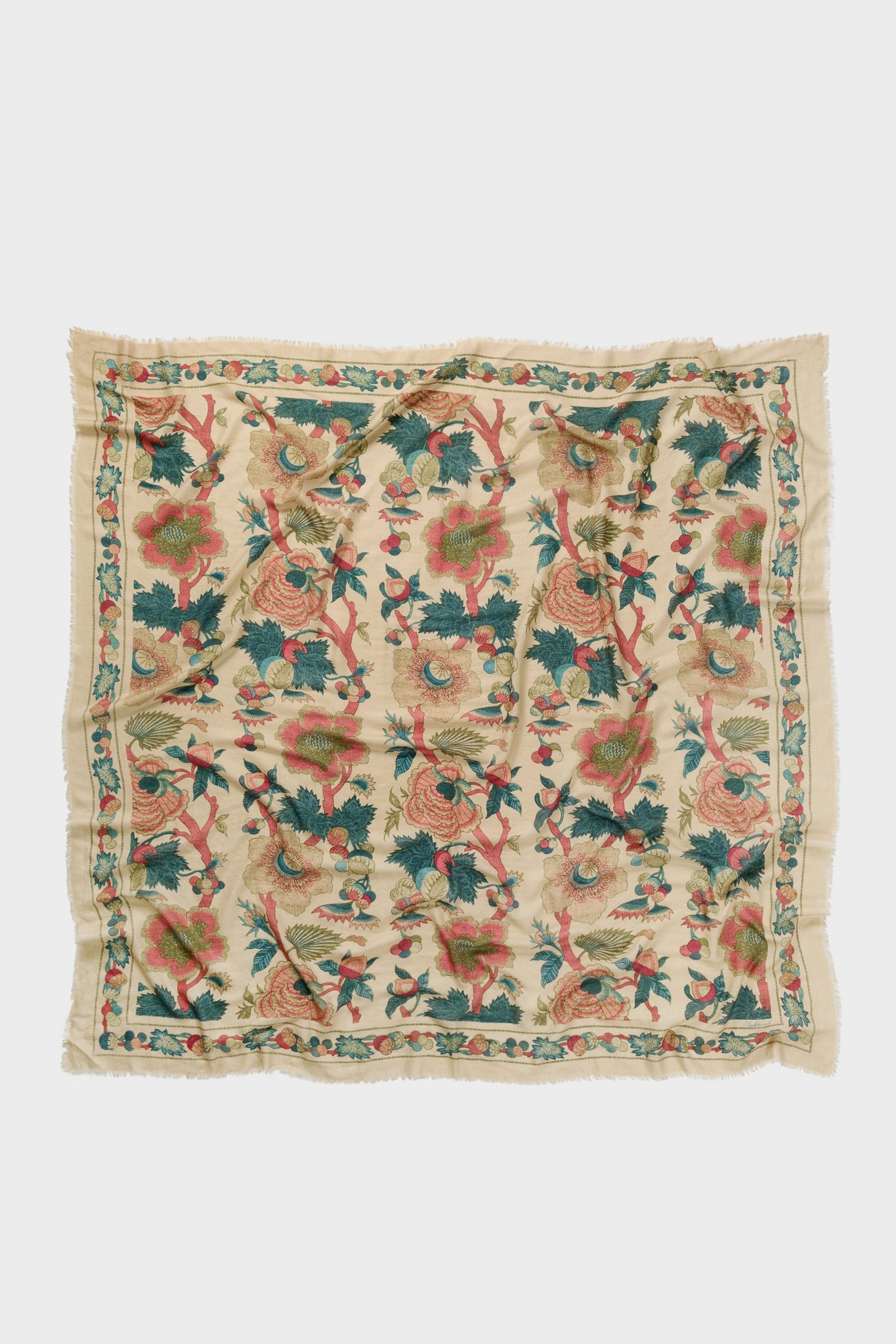 Garden Scrollwork Silk Cashmere Blend Large Scarf, a classic, high-end accessory with frayed edges, featuring an effortless floral and vine design, perfect for versatile, fun styling.