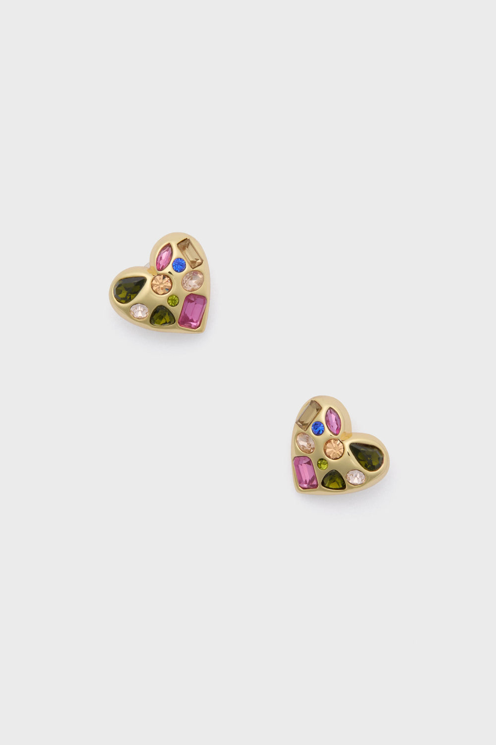 A pair of gold-plated brass studs with green, pink, and clear glass gemstones.
