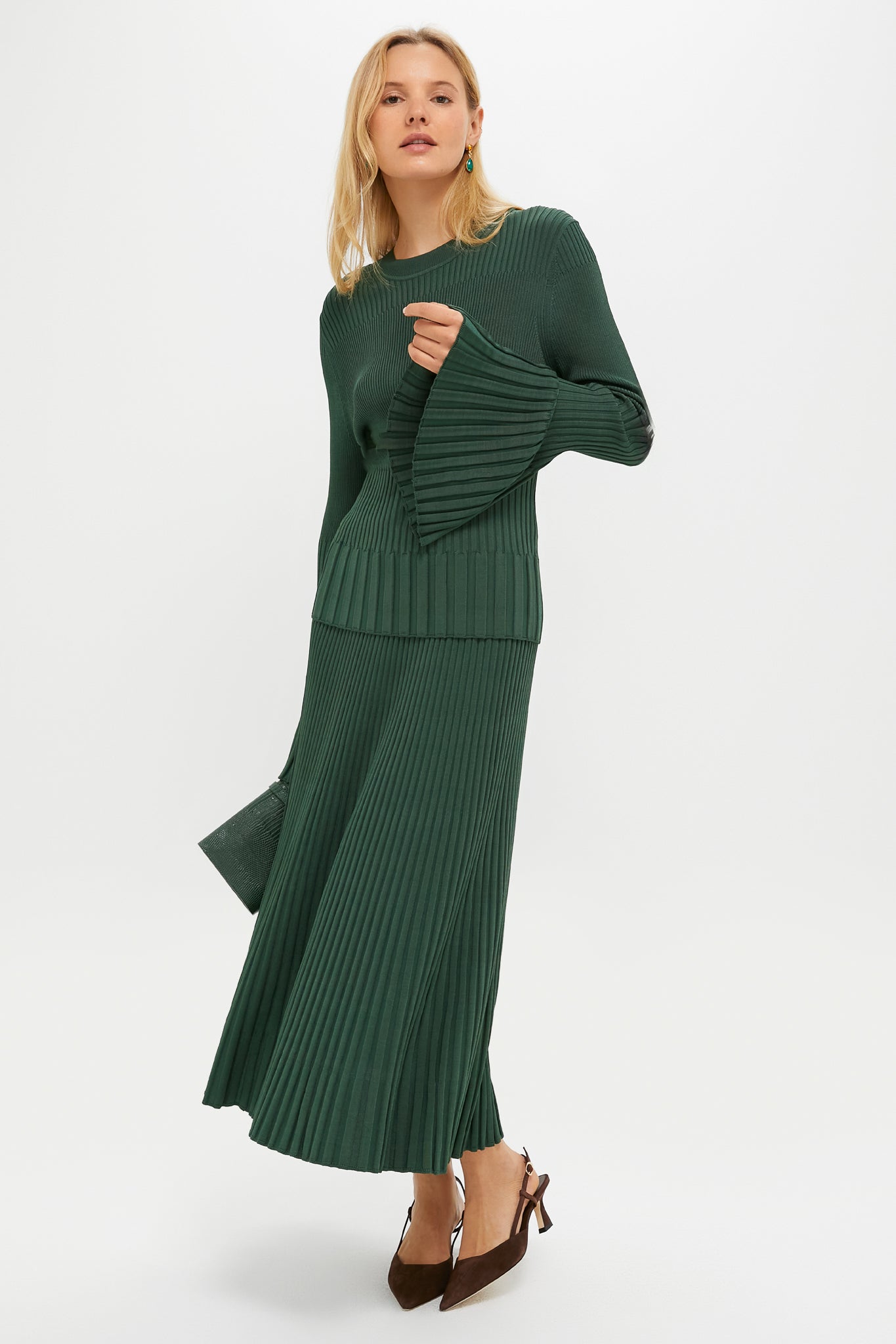 Dark Green Pleated Midi Skirt