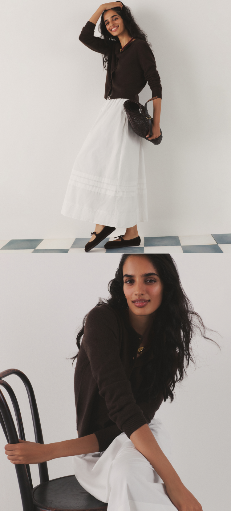 Woman in a brown cardigan and white midi skirt with brown shoes. 