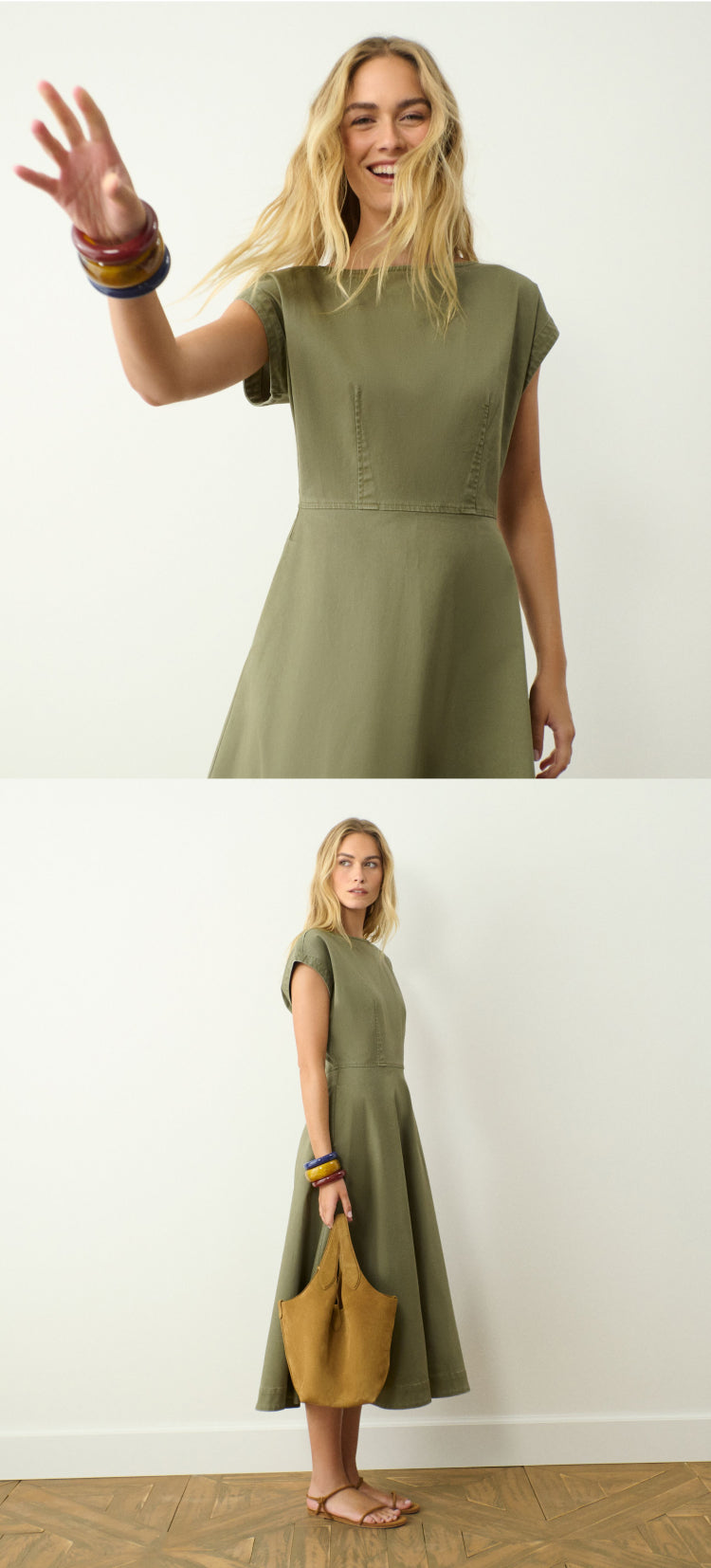 Image one: Woman in a green dress with short sleeves. Holding out her hand covered in bangles. Image two: Woman in a green midi dress with short sleeves holding a tan bag. 