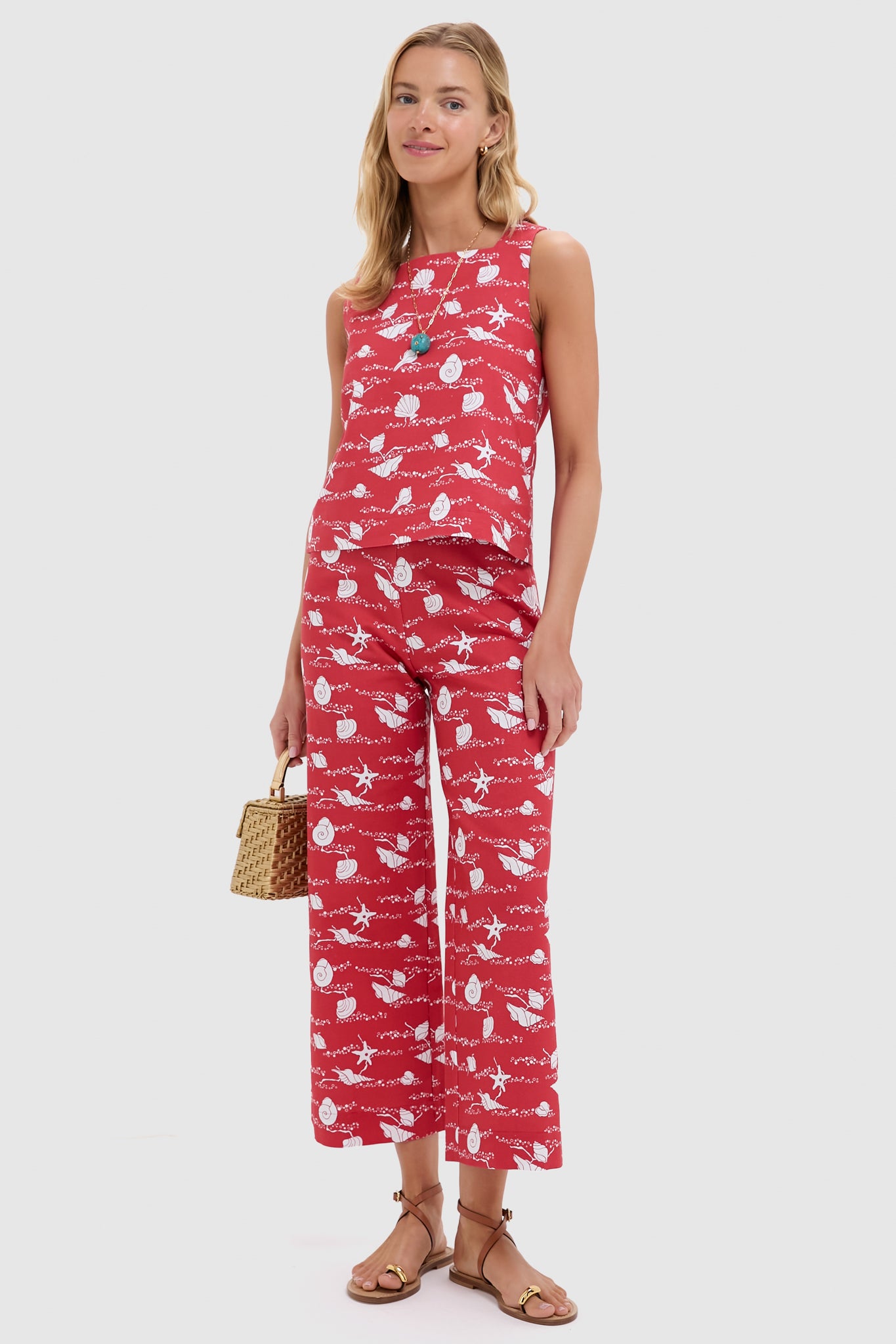 Red Shell High-Waisted Wide-Leg Pants