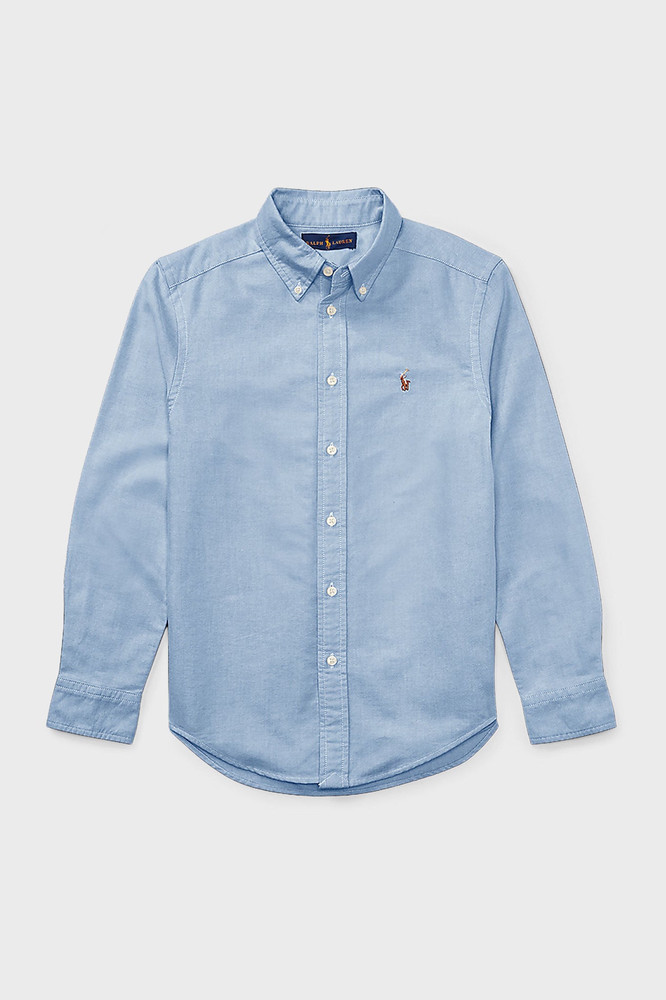 Polo Ralph Lauren light blue oxford long-sleeve button-down sportshirt with a collar and small embroidered logo on the left chest.