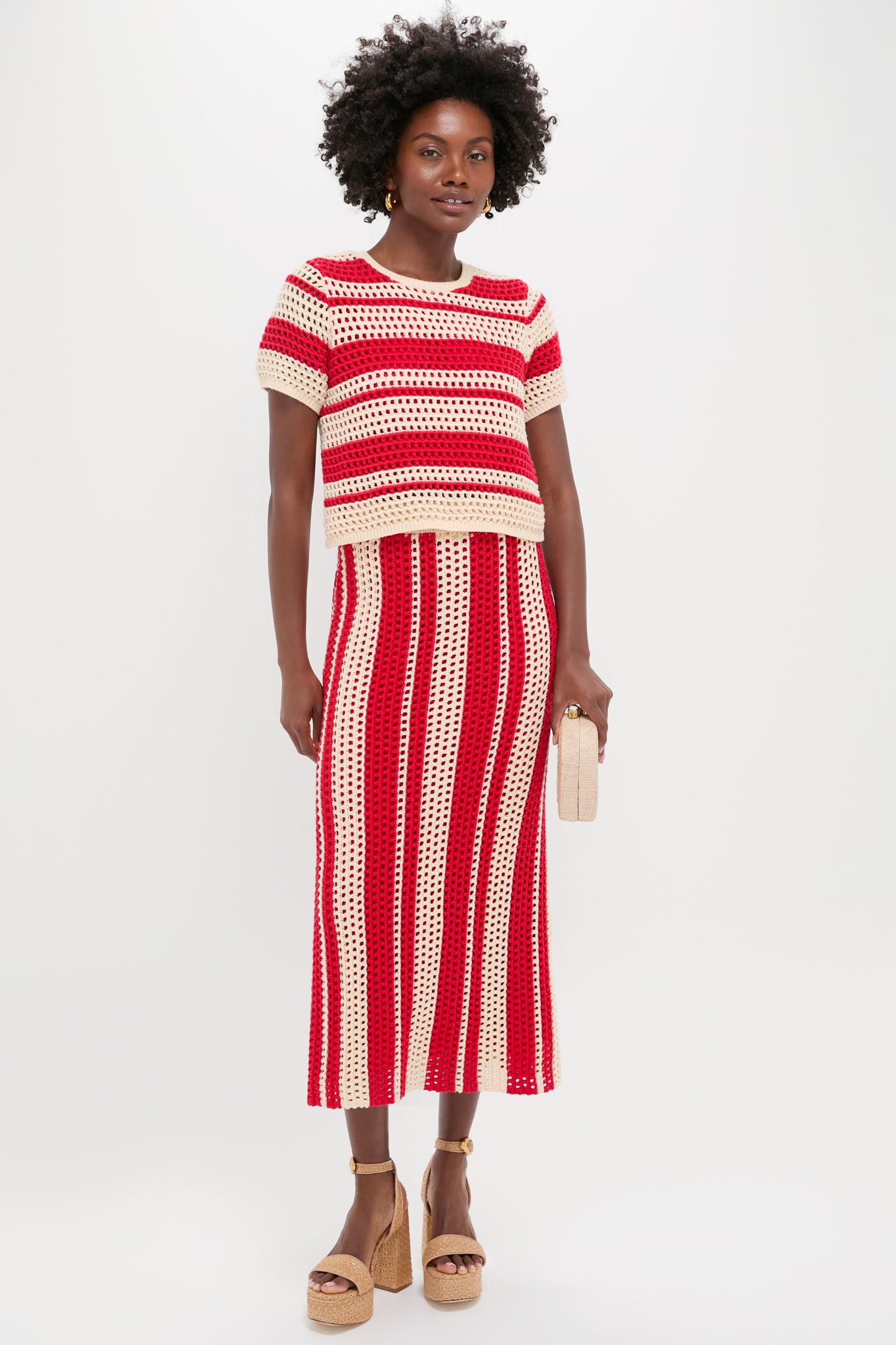 Burnt Red & Beige Striped Knit Renly Midi Skirt