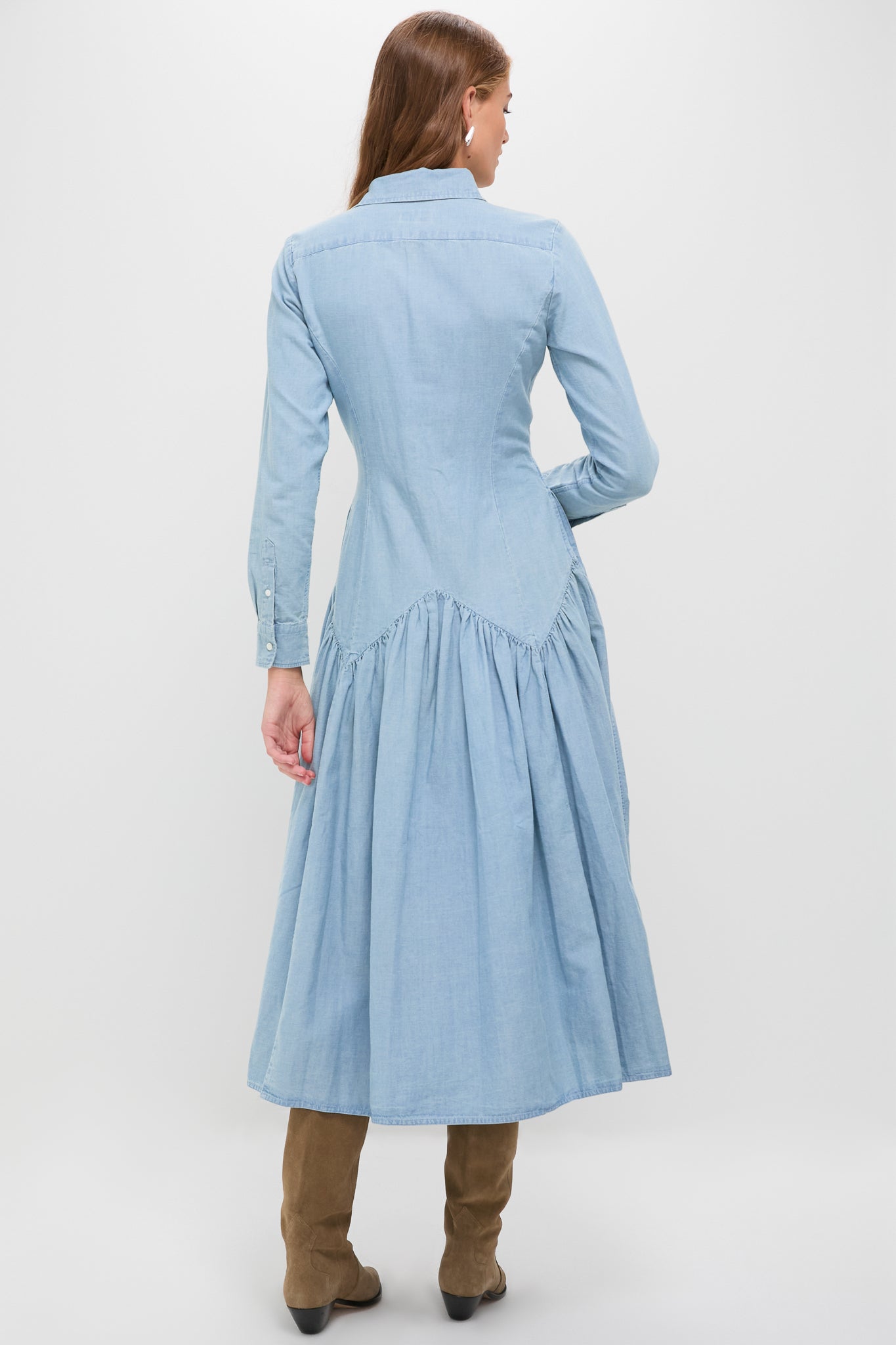 Pacific Blue Chambray Woven Collared Long Sleeve Shirt Dress