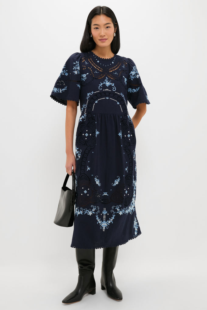 looms stitch embroidered wool navy dress Exclusive Navy Edwina Embroidery Midi Dress