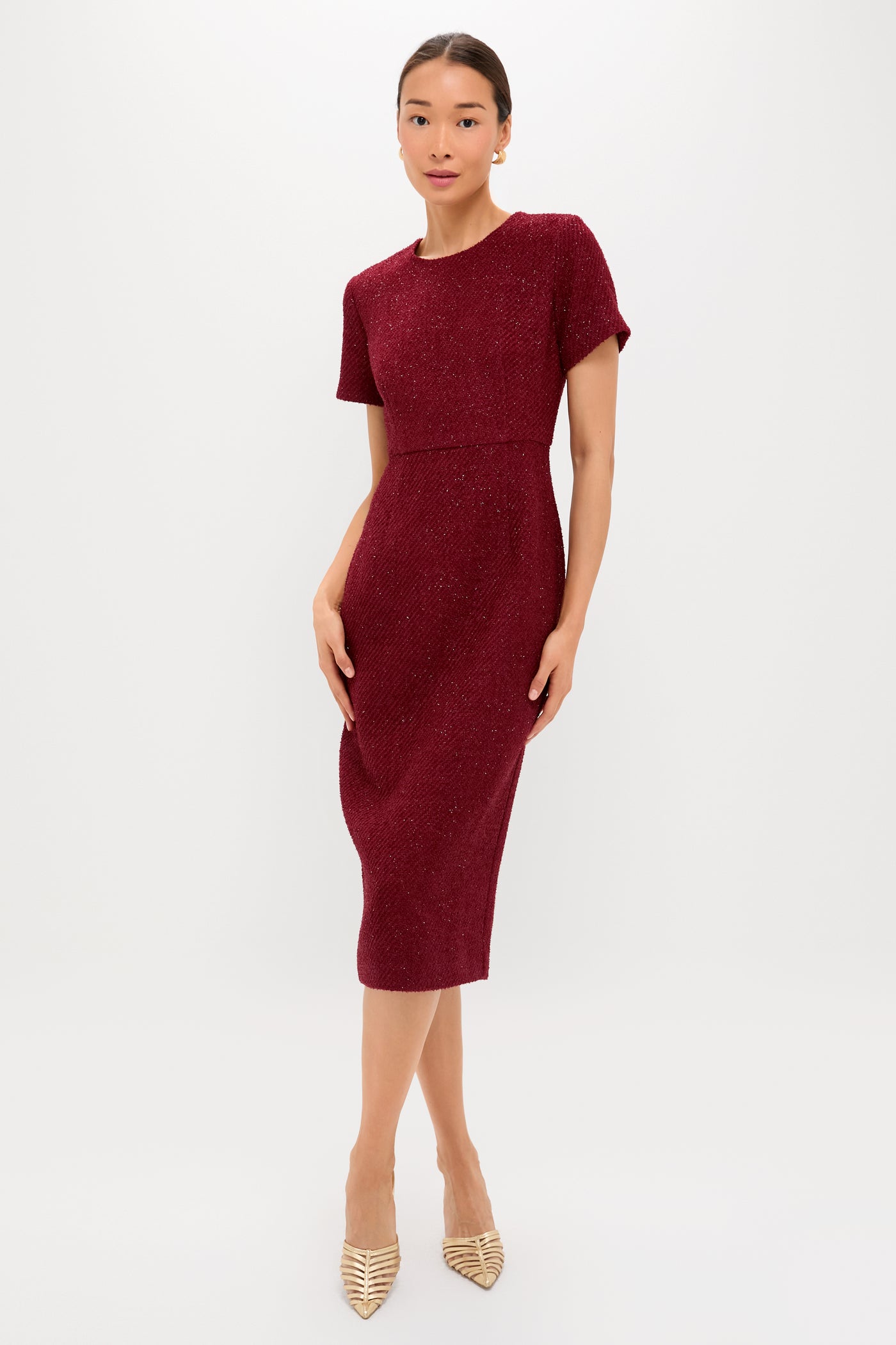burgundy cocktail dress midi Hyacinth House Burgundy Shimmer Boucle Pinot Midi Dress Burgundy / XL