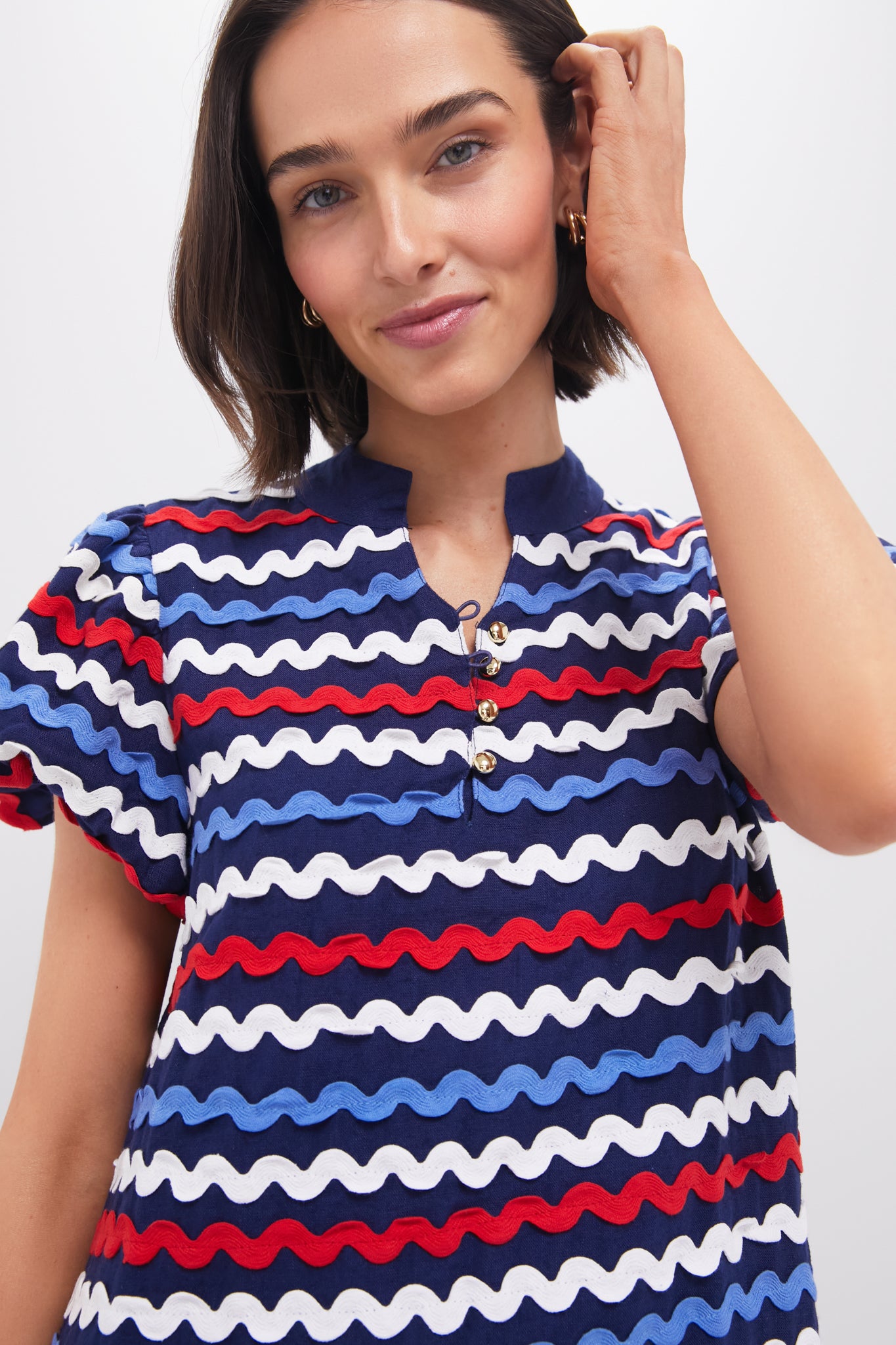 Navy Multi Ric-Rac Button Front Mini Dress