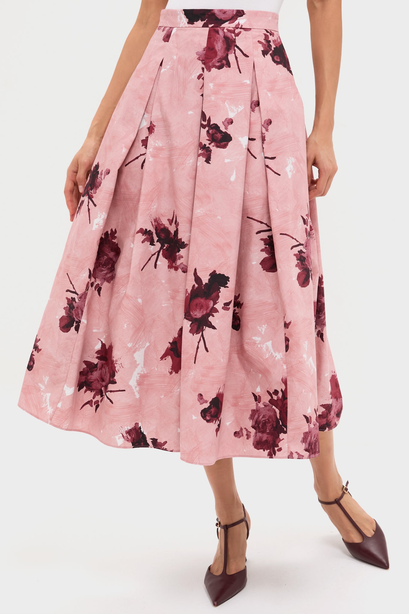 Abstract Rose Slipper Pink Pleated Midi Skirt