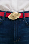 Gold Touchdown Buckle: a classic, high-end piece featuring a textured football motif with rhinestone stripes, adding effortless fun and polish to any outfit.