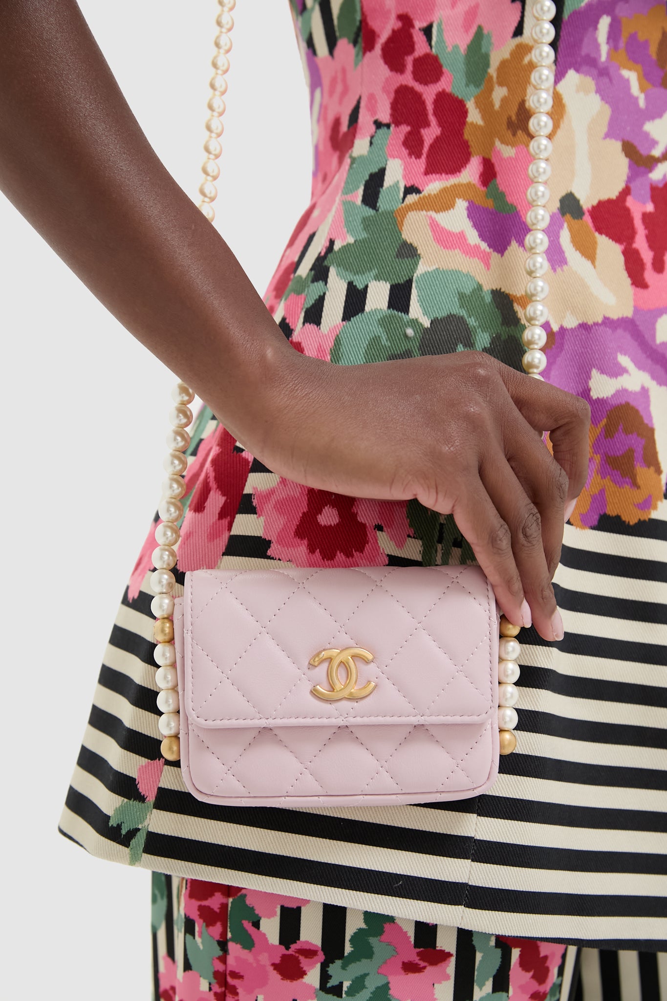 CHANEL Pink Pearl Strap Flap Shoulder Bag
