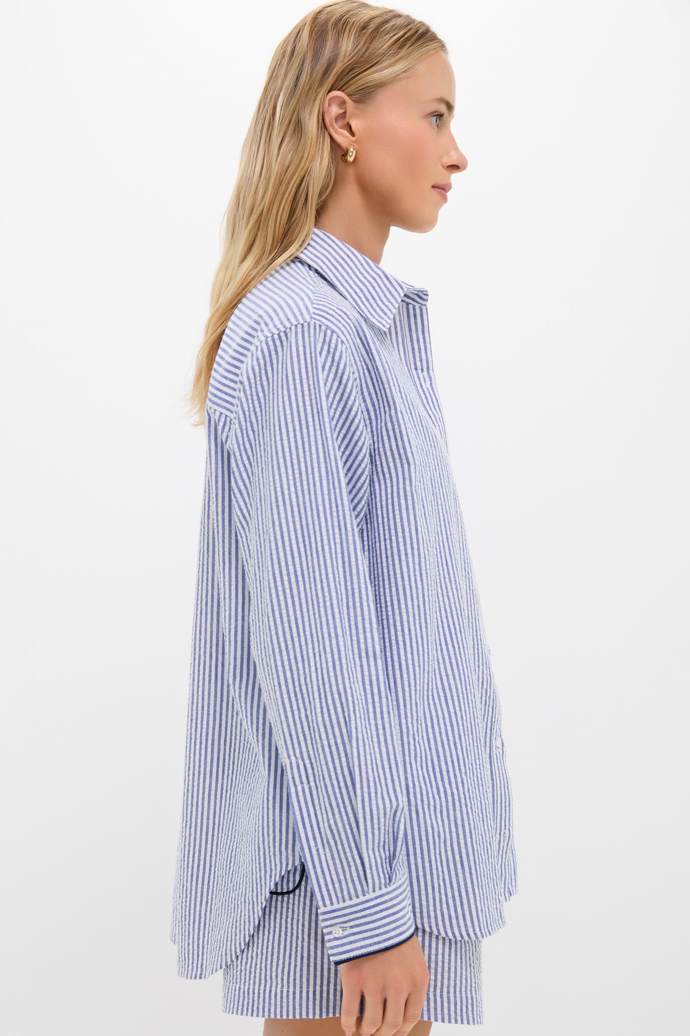 Embroidered Octopus Blue Stripe Seersucker Carden Button Down