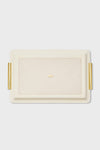 Small Cream Shagreen Vanity Tray with a classic pebble-textured border, suede-like center, polished gold handles, and an effortless, high-end design for organizing personal items.