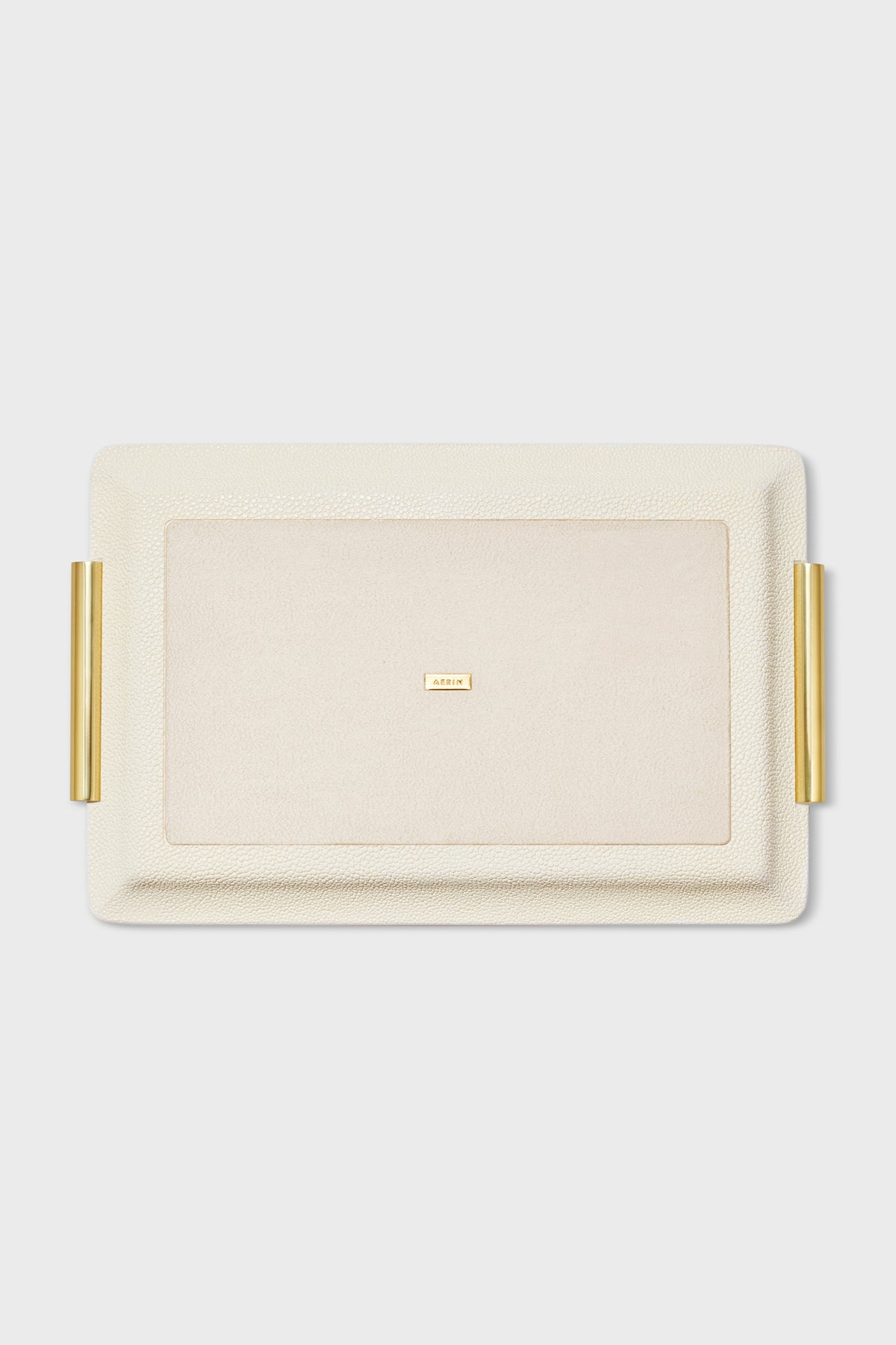 Small Cream Shagreen Vanity Tray with a classic pebble-textured border, suede-like center, polished gold handles, and an effortless, high-end design for organizing personal items.