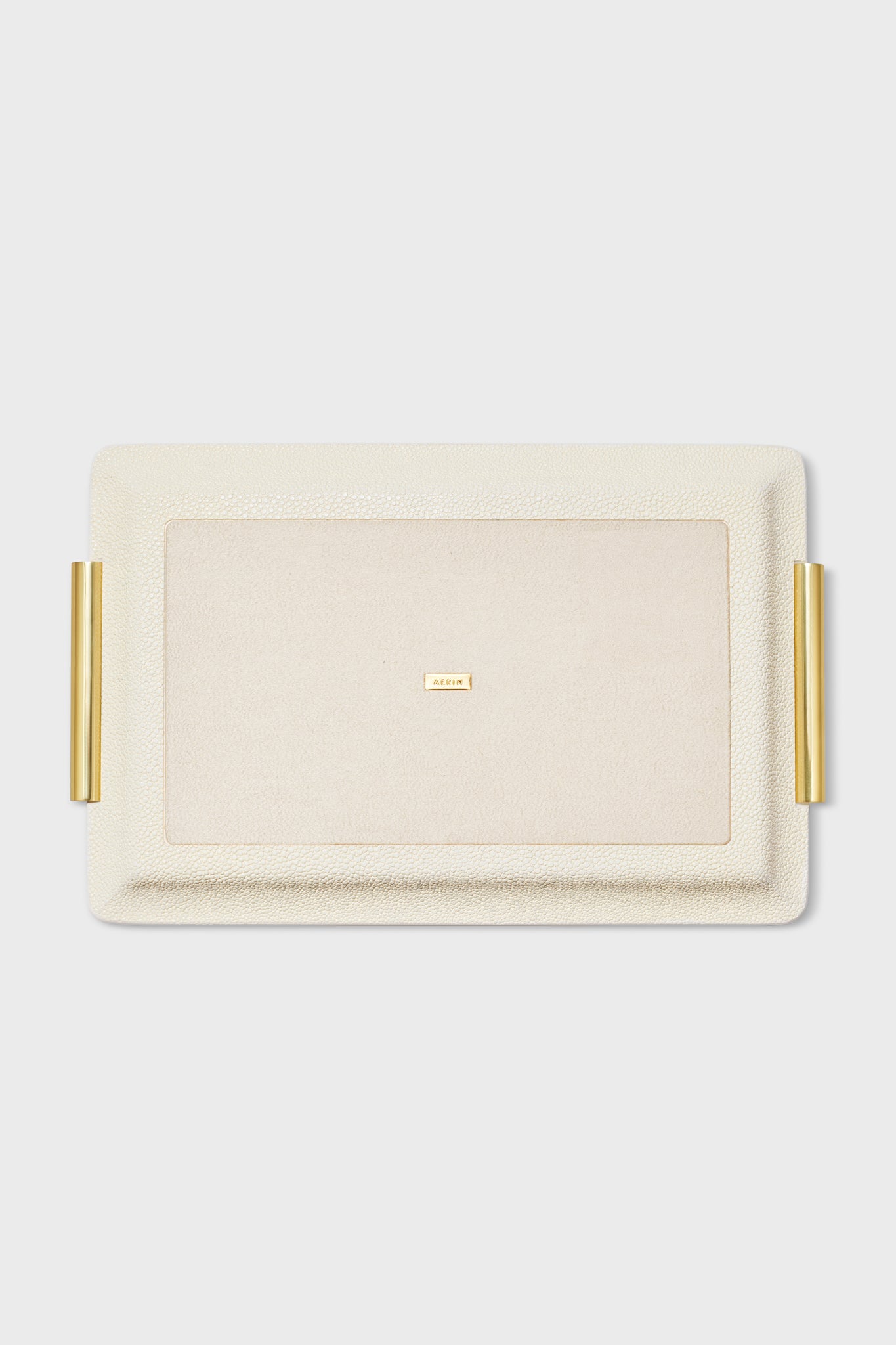 Small Cream Shagreen Vanity Tray with a classic pebble-textured border, suede-like center, polished gold handles, and an effortless, high-end design for organizing personal items.