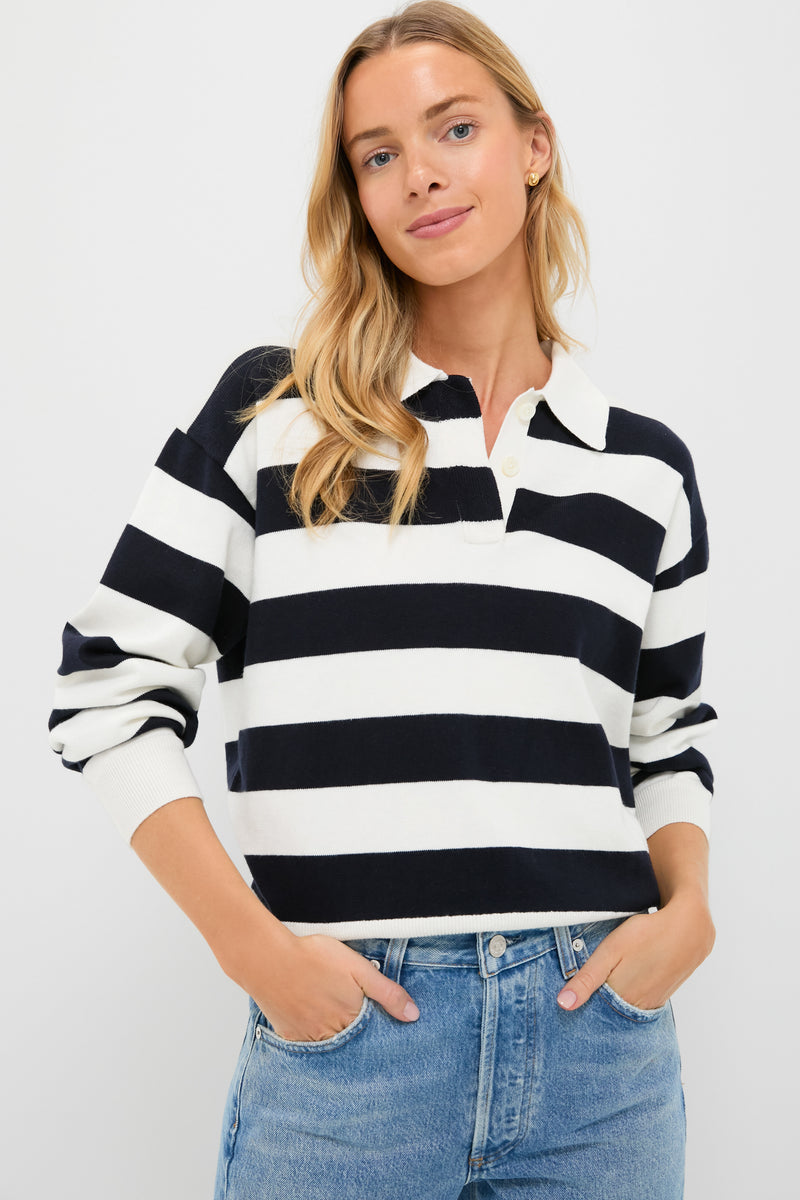 Ivory and Navy Bond St Striped Polo
