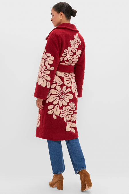 Bold Flowers Burgundy Fleece Coat