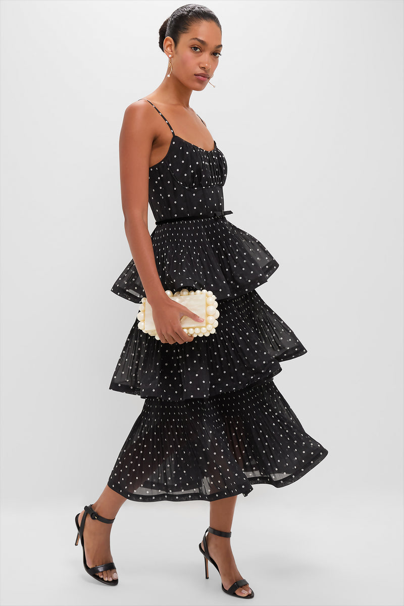 Black and Cream Polka Dot Pleated Tiered Midi Dress