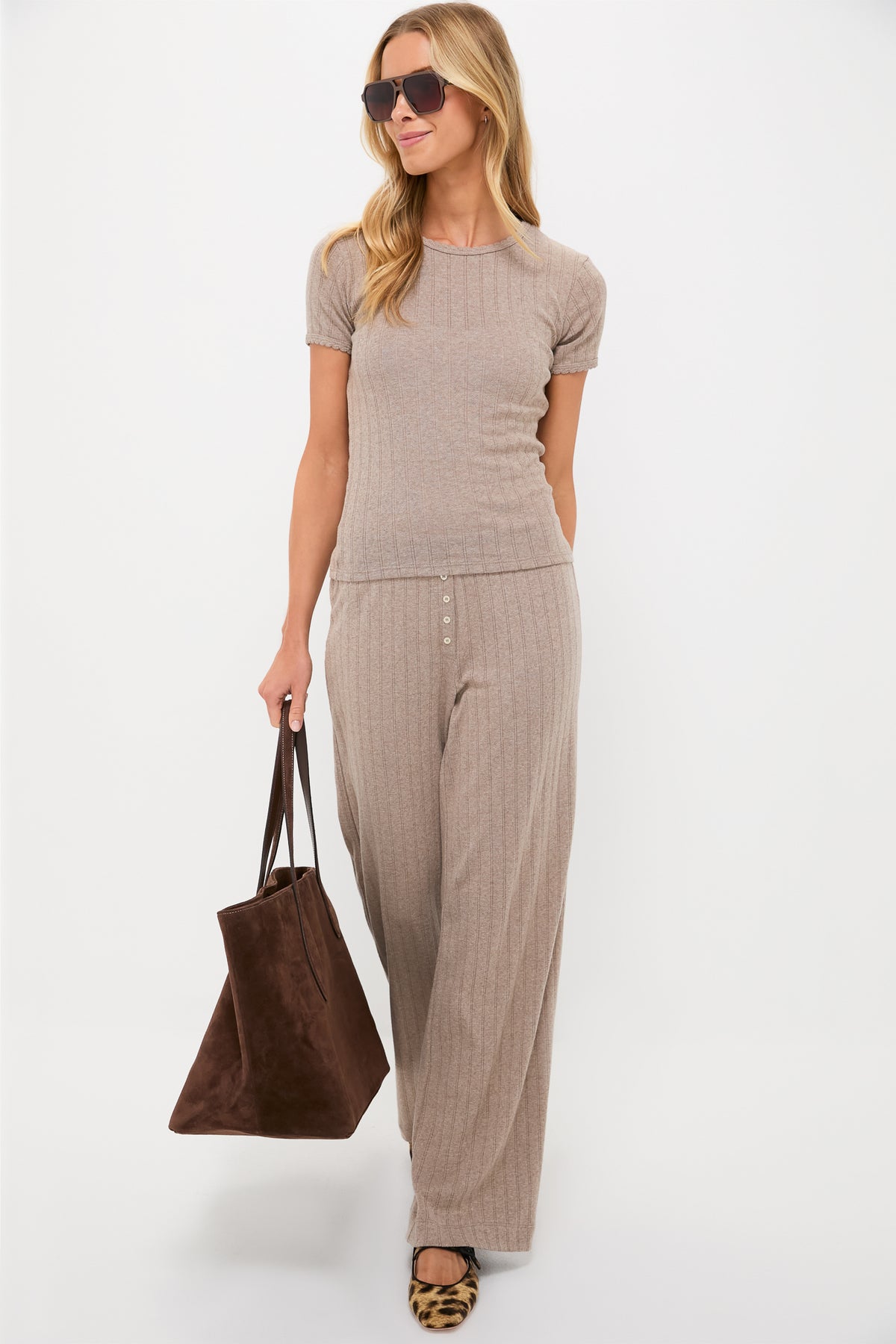 Beige Melange Pointelle Slim Fit Tee
