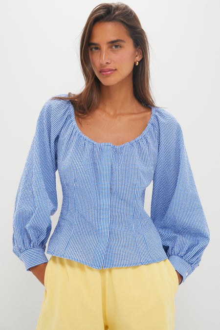 Blue and White Gingham Seersucker Quinn Blouse
