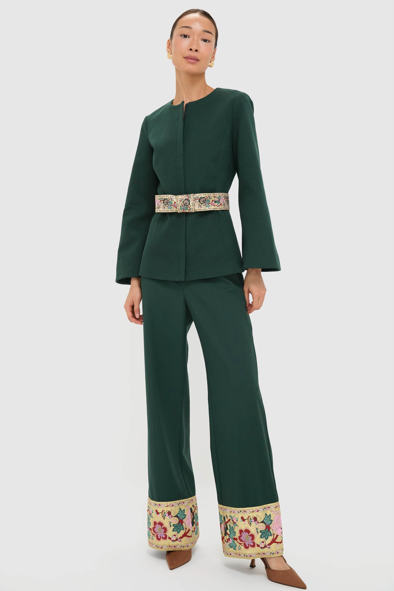 Model wearing the Garden Scrollwork Jacquard Belted Rhoda Tunic Top, featuring classic tailored design, effortless flared sleeves, and fun embroidered details for a high-end look.