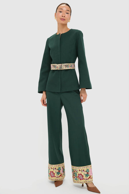 Model wearing the Garden Scrollwork Jacquard Belted Rhoda Tunic Top, featuring classic tailored design, effortless flared sleeves, and fun embroidered details for a high-end look.