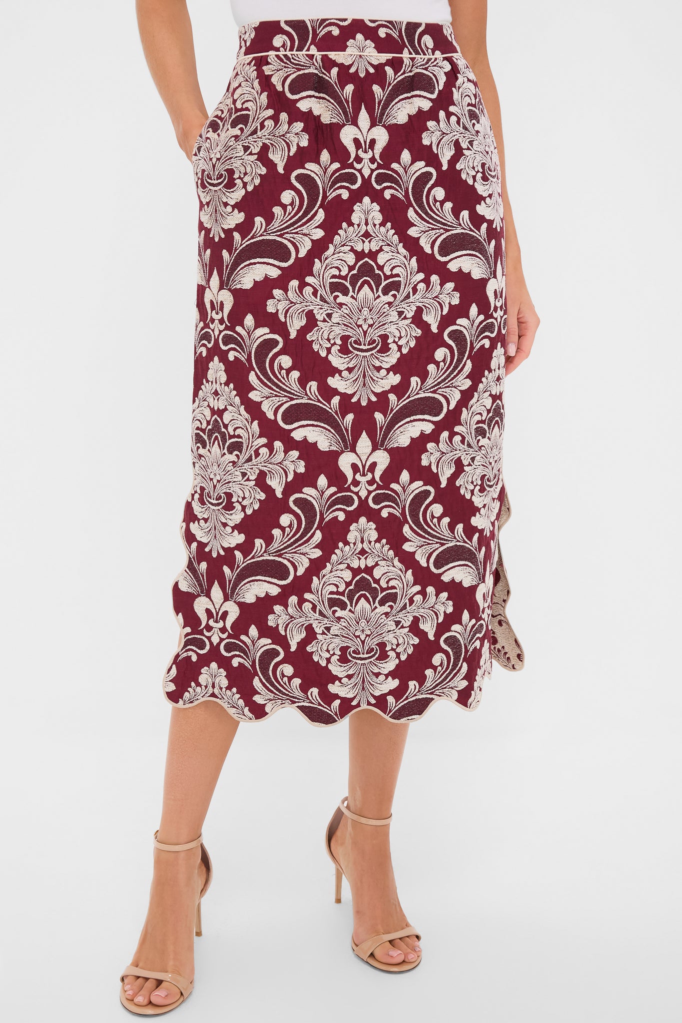 Blush Pink and Burgundy Bicolor Jacquard Waves Midi Skirt | Farm Rio Blush Pink and Burgundy Bicolor Jacquard Waves Midi Skirt | Farm Rio