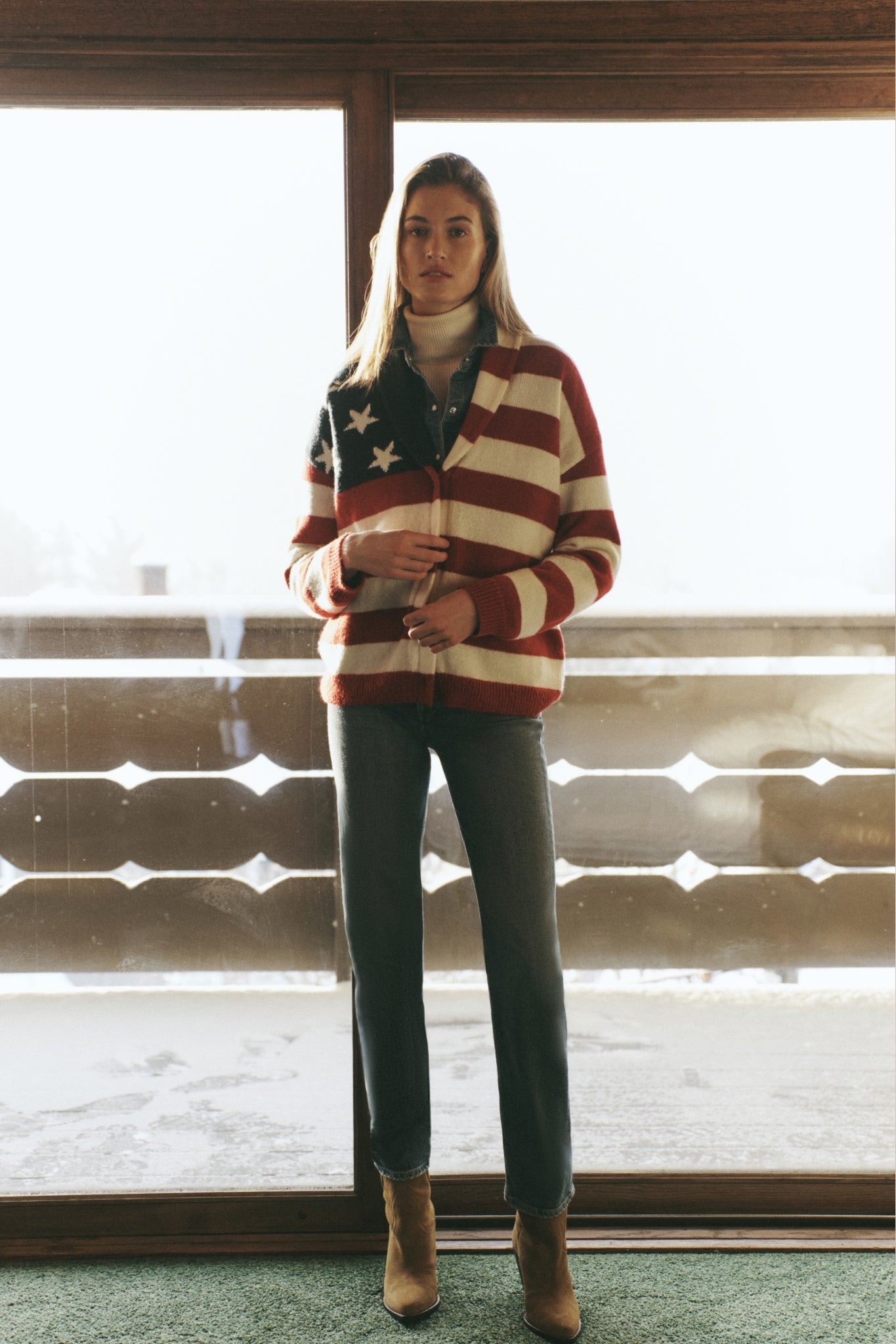 American Flag Lindsey Cardigan exudes classic, effortless style with its Americana knit and leather buttons, perfect for a fun, high-end winter look.