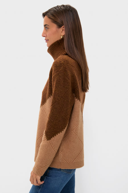 Woman in profile wearing Tan & Brown Diamond Demi Turtleneck, showcasing classic, effortless style with a high-end knit design and whipstitch details, paired with blue jeans.