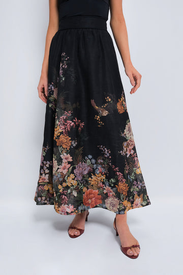 Black Multi Floral Pavilion Gathered Midi Skirt