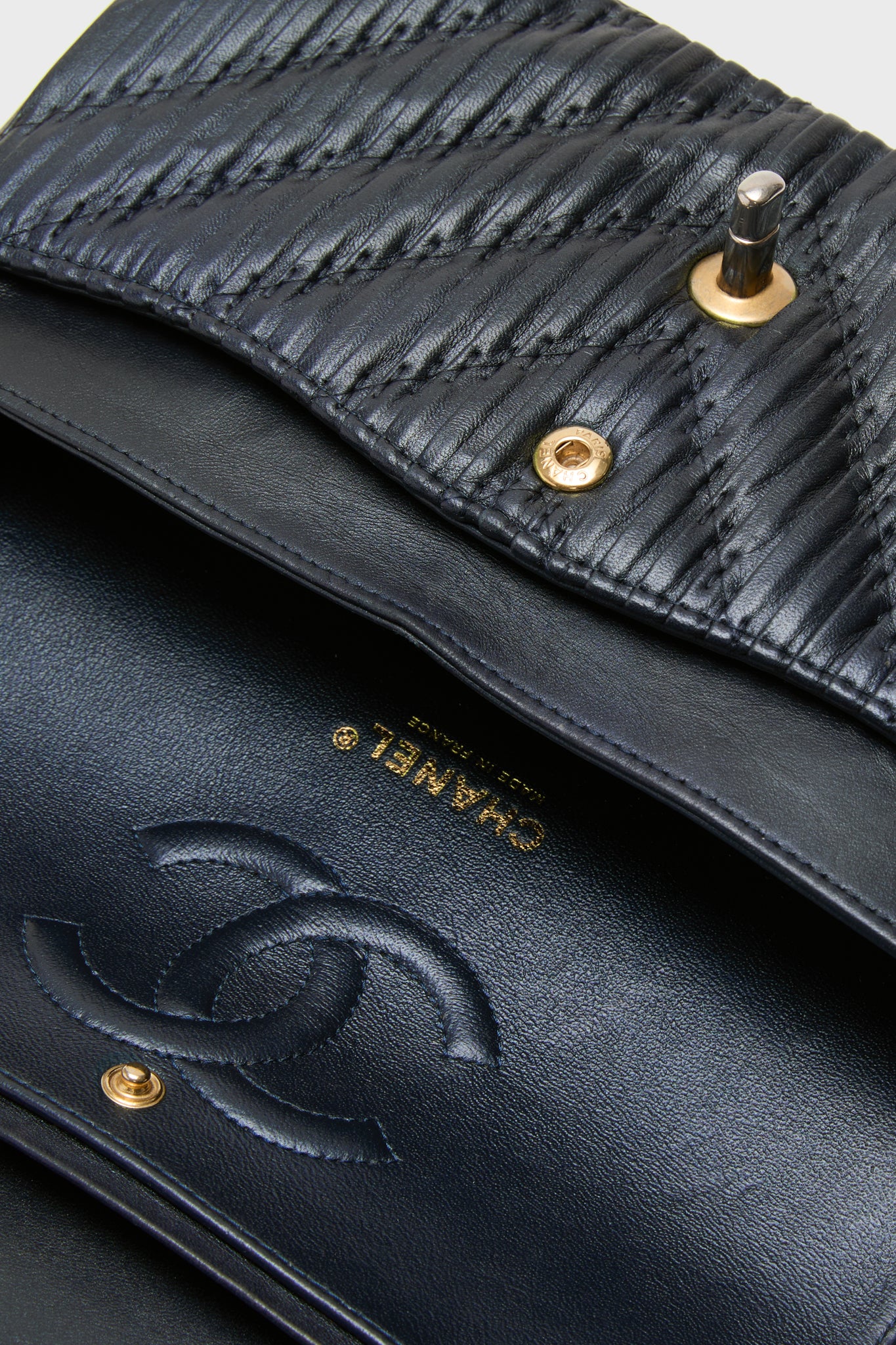 CHANEL Blue Calfskin Coco Pleats Double Flap Bag