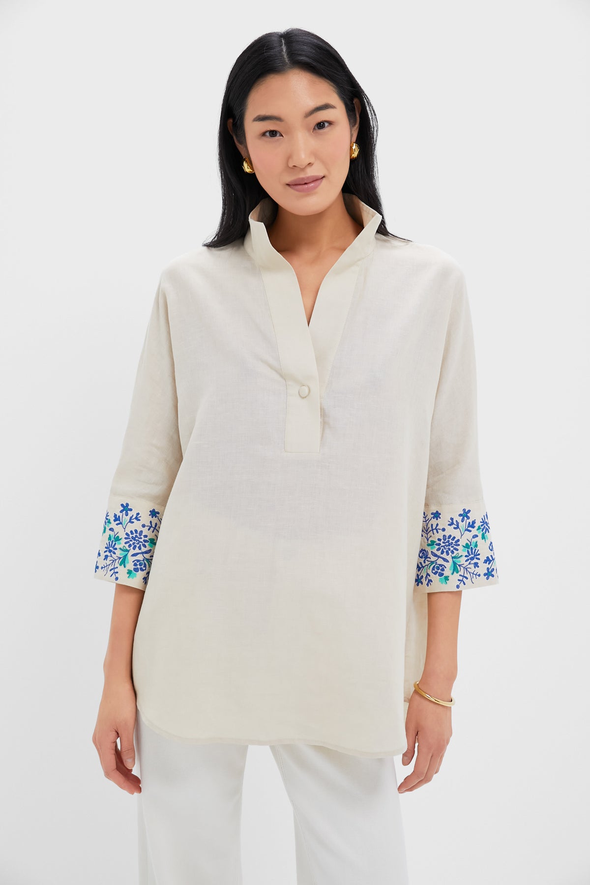 Tan Floral Cuff Cotton Linen Willow Blouse