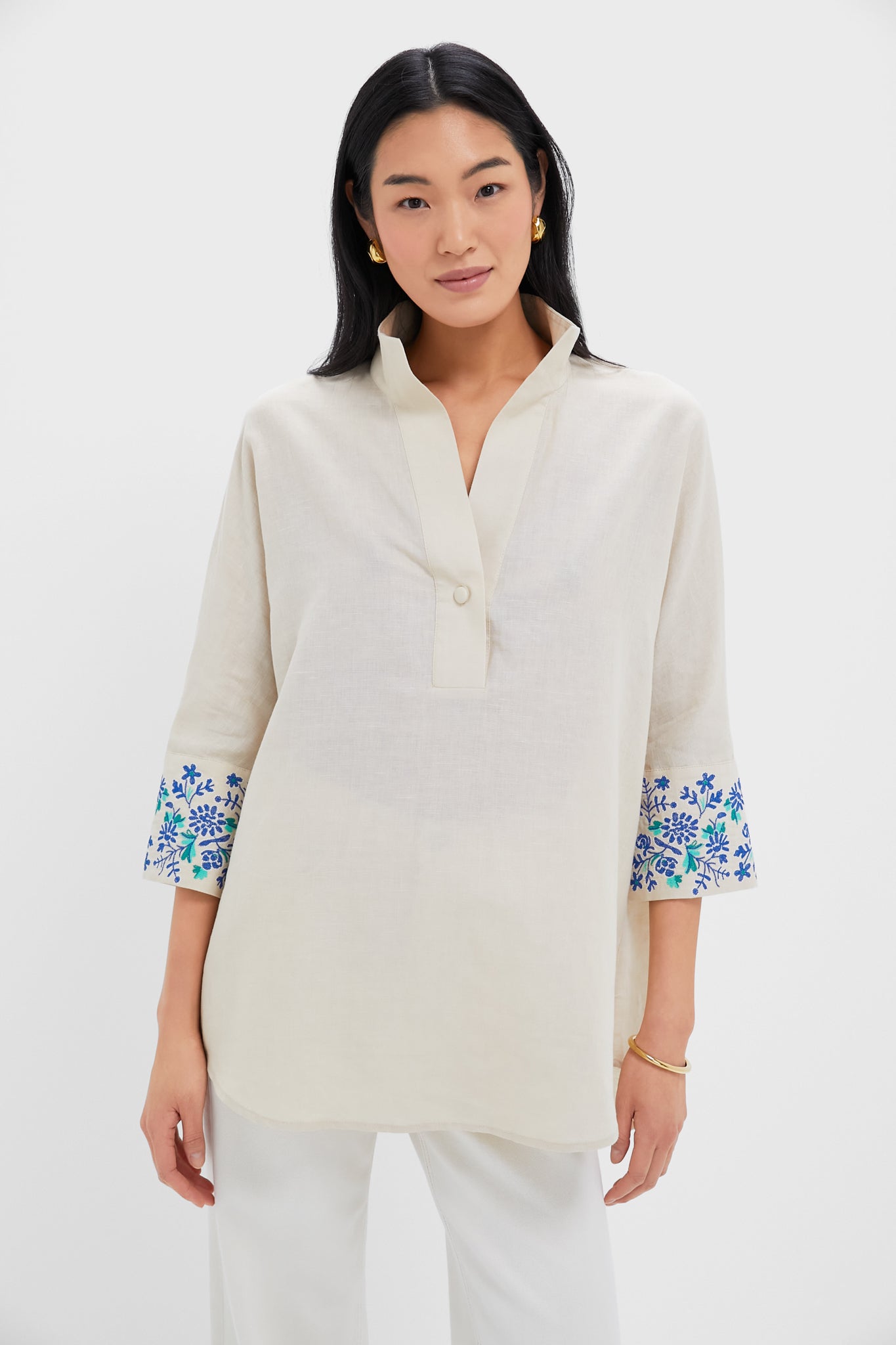 Tan Floral Cuff Cotton Linen Willow Blouse
