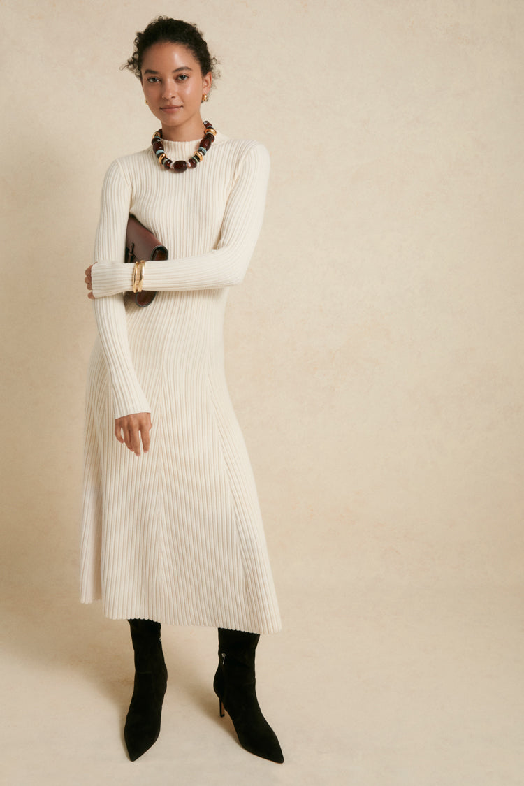 Cream Ribbed Knit Corey Midi Dress